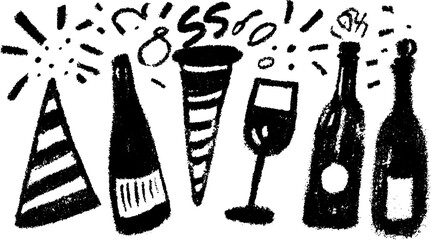 Party celebration featuring hats, bottles, and glasses. Simple black and white vector illustration in a festive set design.