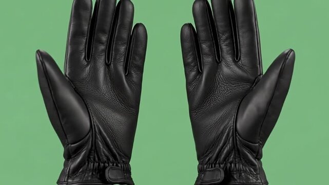 Black Leather Gloves on Green Background - A Fashionable Winter Accessory.