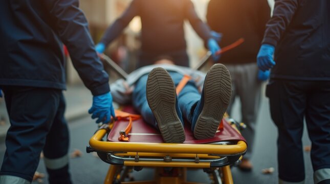 The Stretcher Carrying An Injured Patient Through A Busy Street Emergency Scene 
