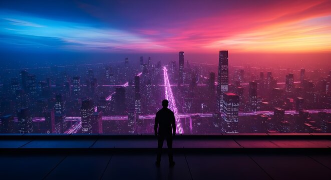 Man Silhouetted Over Futuristic Cityscape at Dusk image