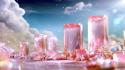 A surreal landscape featuring translucent pink geometric crystals and shards scattered across a reflective surface, set against a backdrop of soft clouds and a