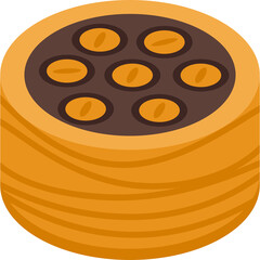 Illustration of a golden brown baklava pastry with dark chocolate filling and seven oval nuts on a transparent background a sweet dessert made with layers of phyllo dough and syrup