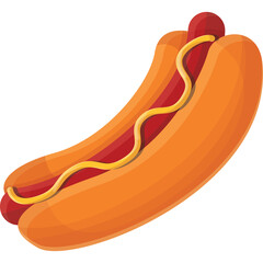 Illustration Of A Hot Dog With Yellow Mustard Sauce And Red Sausage In A Golden Brown Bun On A White Background