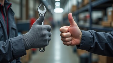 The Wrench and Mechanic's Thumbs Up in a Busy Auto Repair Shop 
