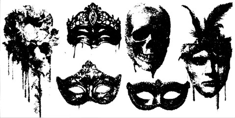 Set of vintage masks featuring skull, crown, and peacock designs. Engraved silhouettes in black and white vector illustration.