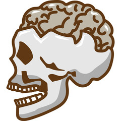 Illustration of a human skull with a brain visible inside its cranium in profile view with a transparent background and brown and gray coloring