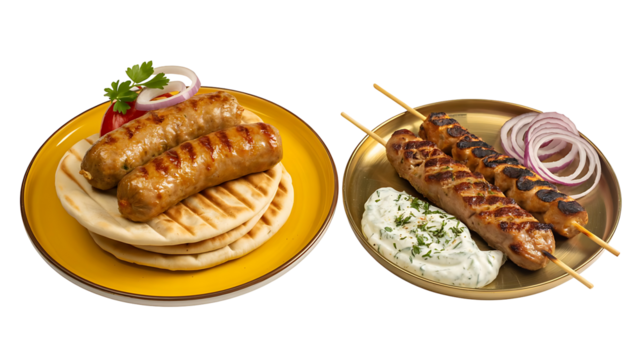 Delicious grilled souvlaki skewers and sausages served with pita bread and creamy tzatziki sauce, a perfect Mediterranean meal for sharing and enjoying together