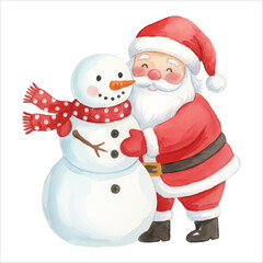 Santa Claus Vector Hugging Snowman Christmas Illustration Isolated on White Background
