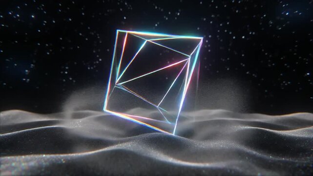 Abstract wireframe cube with shiny surface and starfield background