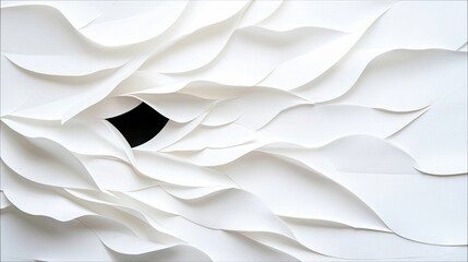 A textured, abstract composition made of layered white paper, with a dark, square-shaped void at its center, creating a dramatic contrast.