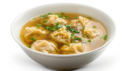 wonton soup in white bowl isolated on white background