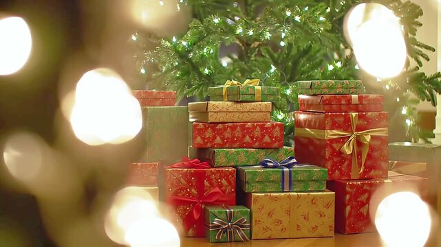 Christmas gifts under the tree with lights.