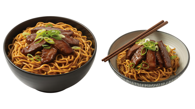 Delicious beef noodles with fresh scallions served in two stylish bowls invite you to savor the rich flavors of authentic Asian cuisine