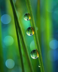 Dew Drops On Green Grass Macro Photography