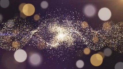 A swirling stream of golden glitter particles with a bright central light set against a dark background with soft out-of-focus light orbs - Powered by Adobe