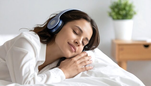 Young woman relaxing in bed with headphones on, enjoying music or an audiobook.