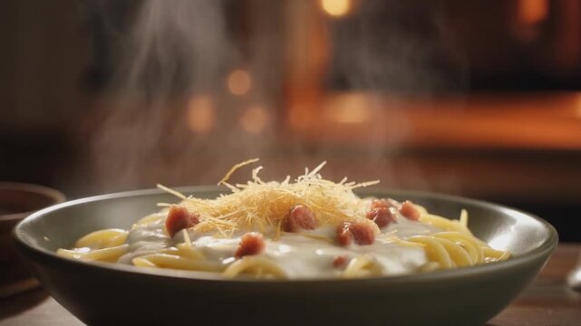 Pasta gricia Italian steam rising atmospheric backlit