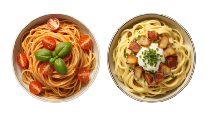 Delicious spaghetti dishes, one with fresh tomatoes and basil, the other with creamy sauce and crispy bacon, a culinary delight perfect for food blogs