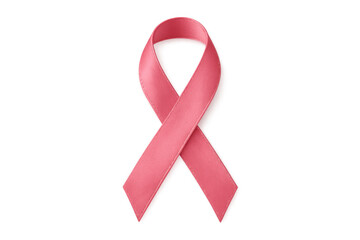 Pink ribbon symbolizing breast cancer awareness, support, and charity, with satin fabric on a transparent background