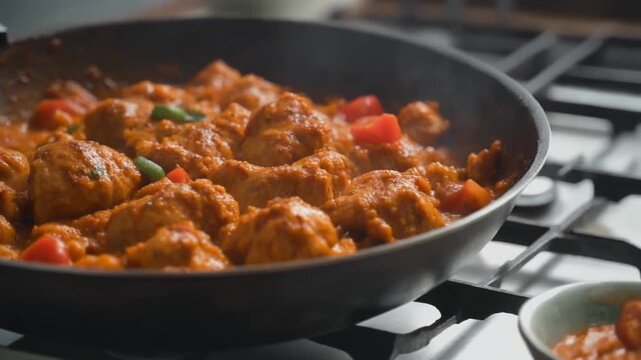 Murgh karahi Pakistani chicken curry slider moving across wok