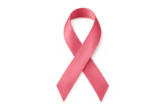 Pink ribbon symbolizing breast cancer awareness, support, and charity, with satin fabric on a transparent background