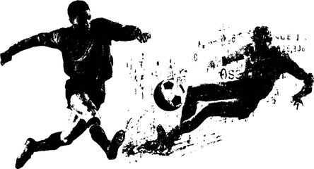 Soccer player in action, kicking a ball. Dynamic silhouette set in black and white, capturing the essence of competitive sport. Vector illustration.