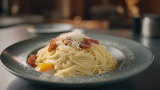 Carbonara Italian pasta gimbal circling elegant plating