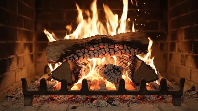 Cozy Fireplace with Crackling Logs and Vibrant Flames,Warm Ambiance in a Brick Firebox on a Metal Grate