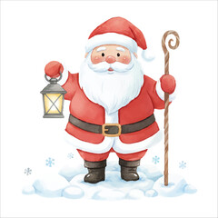 Santa Claus Vector Holding Lantern in Snow Christmas Illustration Isolated on White Background
