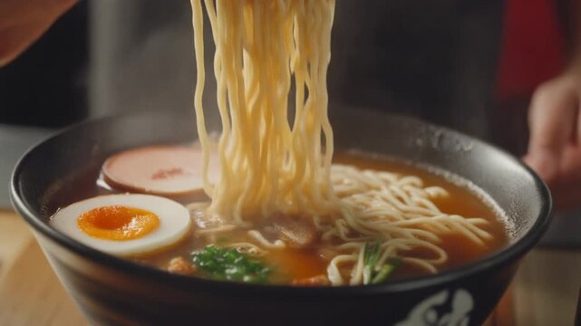 Miso ramen Japanese close-up plating steam rising toppings