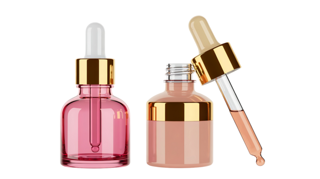 Luxurious skincare serums in elegant glass bottles with golden accents, perfect for branding and beauty product mockups, conveying sophistication and self-care