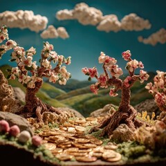 Whimsical Miniature Landscape With Gold Coins And Blooming Trees