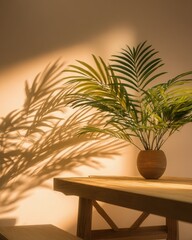 Elegant Palm Plant On Wooden Table With Warm Sunlight