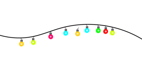 A festive string of colorful glowing Christmas lights hanging on a wavy black wire against a plain white background.