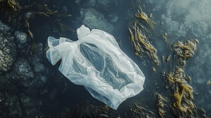 Plastic bag pollutes ocean water with seaweed and rocks, highlighting environmental crisis