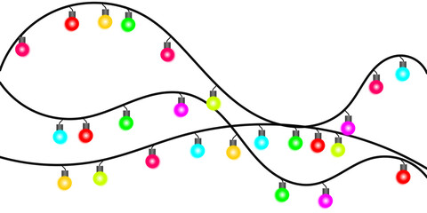 Wavy strings of multicolored glowing light bulbs for holiday decoration on a white background.