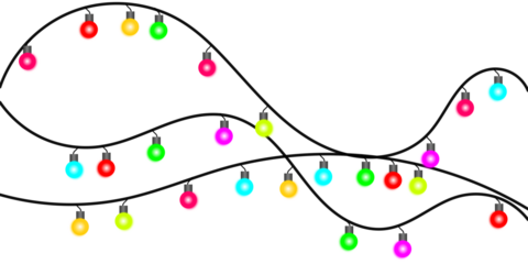 Wavy strings of multicolored glowing light bulbs for holiday decoration on a white background.