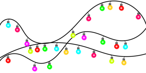 Wavy strings of colorful, glowing Christmas lights on a plain white background.