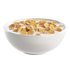 Corn Flakes Cereal in White Bowl with Milk on Transparent Background