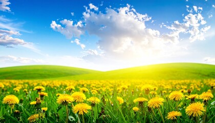 A bright natural meadow filled with fresh grass and sunny yellow dandelions stretching beneath a warm blue sky with subtle clouds.