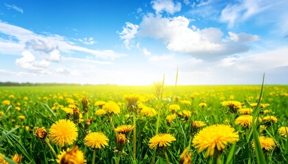 A bright natural meadow filled with fresh grass and sunny yellow dandelions stretching beneath a warm blue sky with subtle clouds.