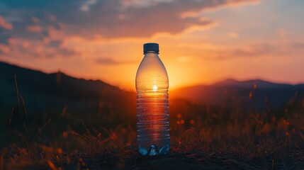Hydration meets golden hour perfection, a single water bottle basks in the sunset's warm glow