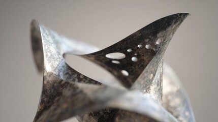 Close-up of a metal sculpture. the sculpture appears to be made of a shiny, metallic material, possibly steel or aluminum. it has a triangular shape with a pointed tip and a pointed bottom.