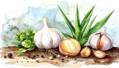 Watercolor illustration of fresh garlic bulbs and onion with herbs and peppercorns on a rustic surface.