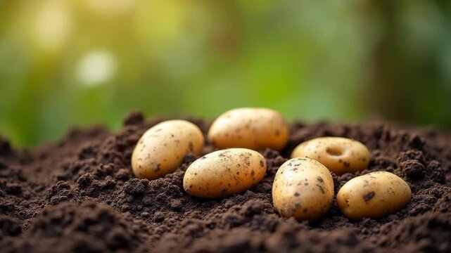 The Potatoes Freshly Dug From Rich Soil Beside A Garden Pitchfork In Sunlight 