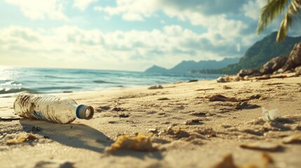 Plastic bottle pollutes pristine beach shoreline, highlighting environmental crisis impacting natural beauty.