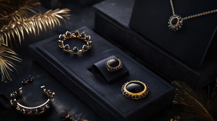 Luxurious black gemstone jewelry collection with gold accents arrangement