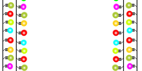 A festive frame made of two vertical strings of colorful Christmas lights against a clean white background.