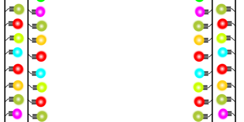 A festive frame made of two vertical strings of colorful Christmas lights against a clean white background.