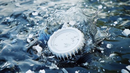White plastic bottle cap splashes into dark water amidst debris and pollution
